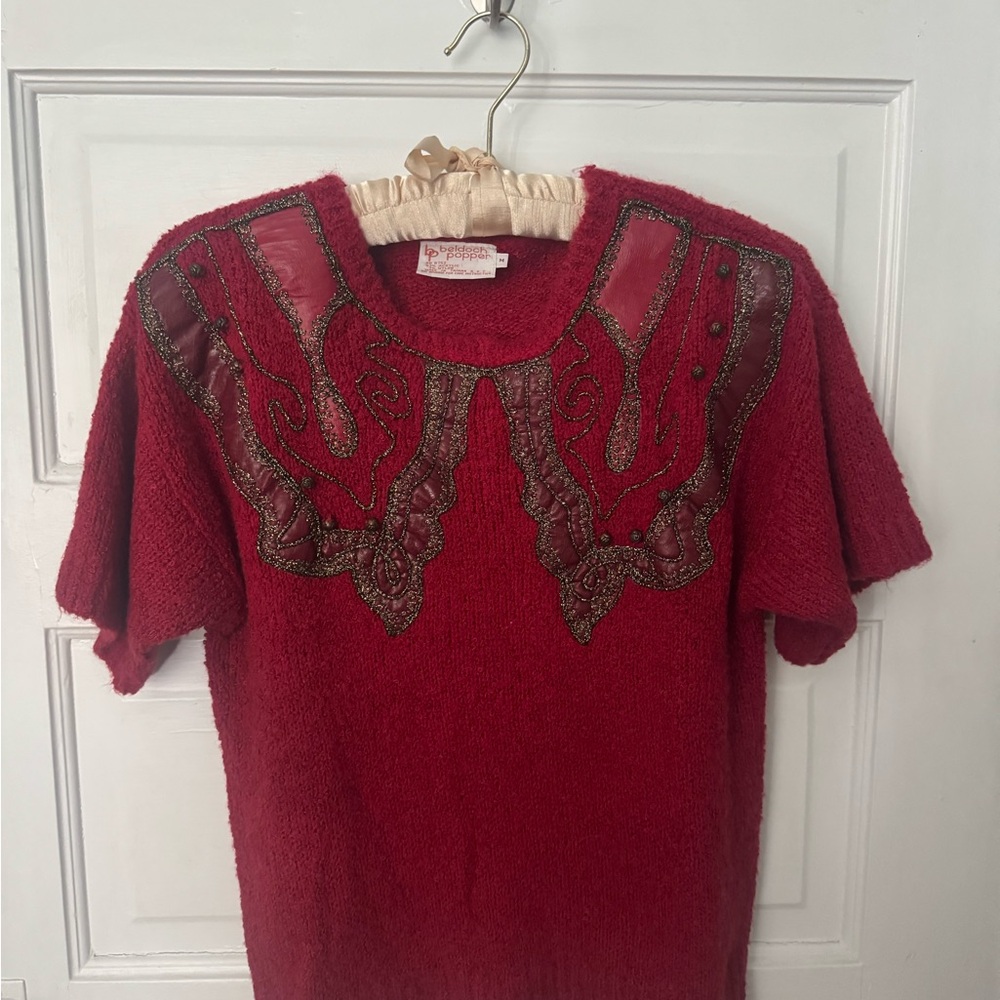 Chic Red Women's Sweater with Embellished Neckline